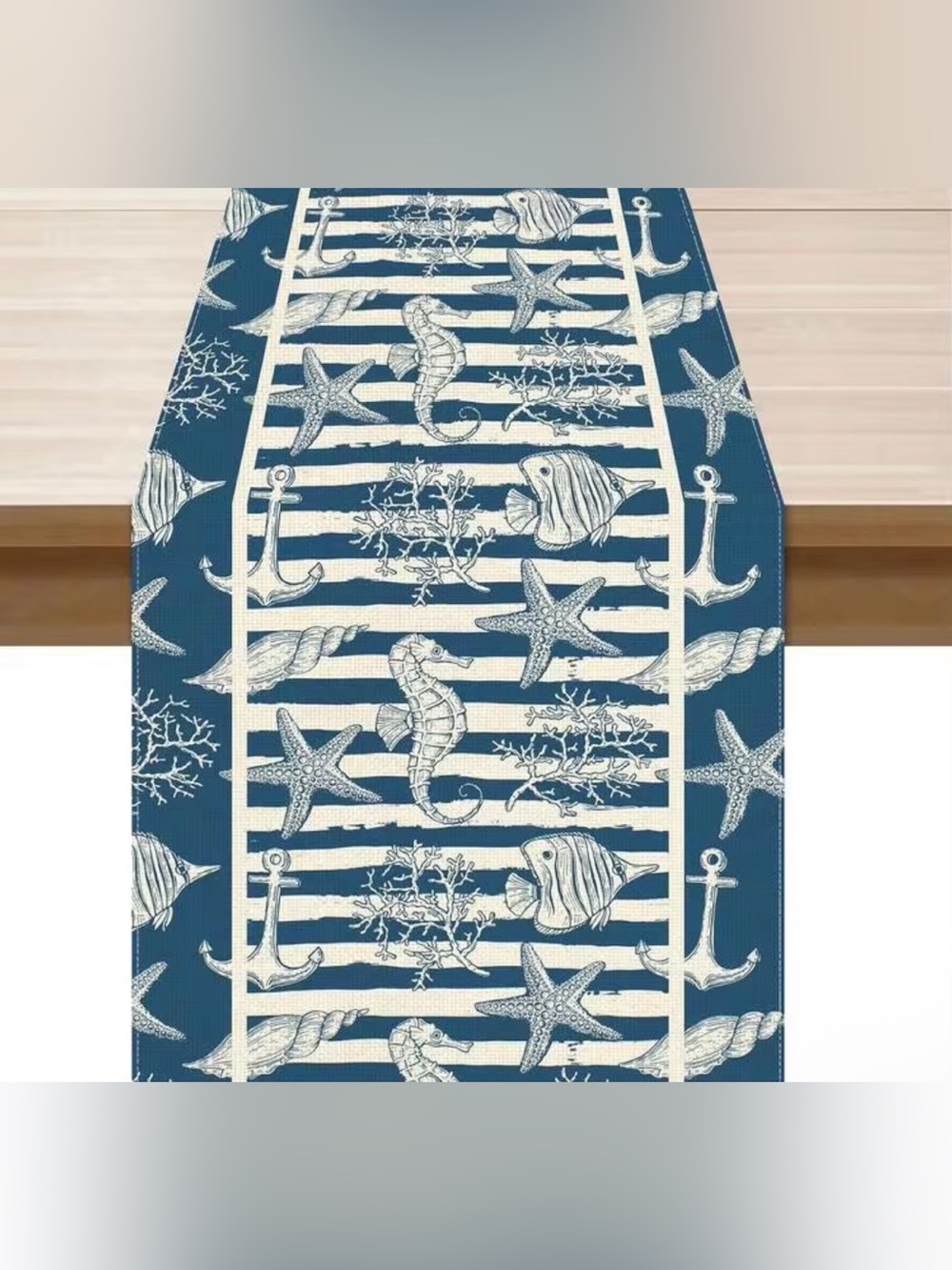 Stripe Starfish Seahorse Coral Fish Nautical Beach Summer Table Runner 13x90